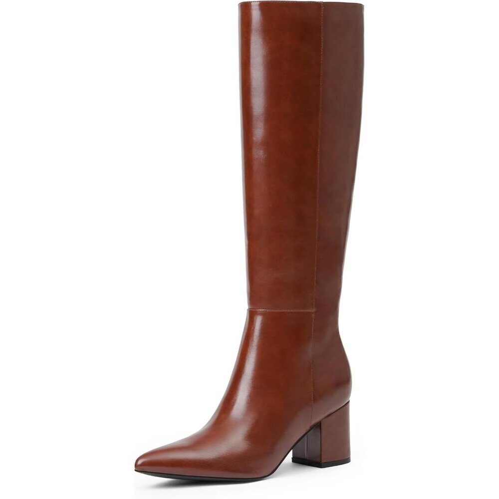 Women's Chestnut Chunky Heel Knee High Pointed Toe Side Zipper Long Boots
